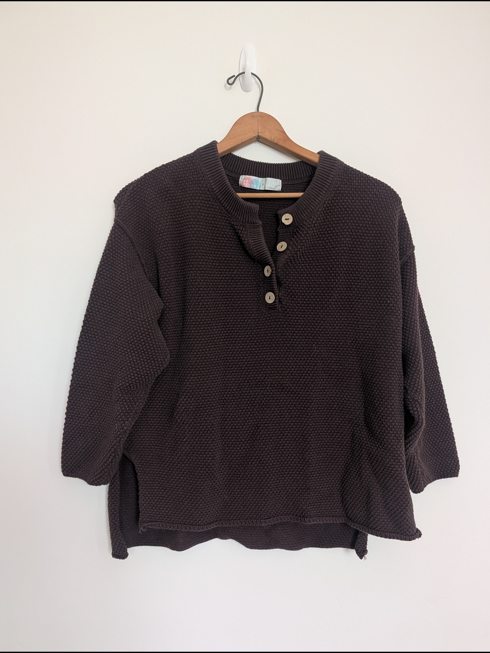 Free People Chocolate Brown Textured Crewneck Henley Sweater